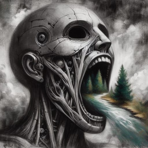 Robotic Metal Head Devours a Wooded Landscape in Charcoal an...