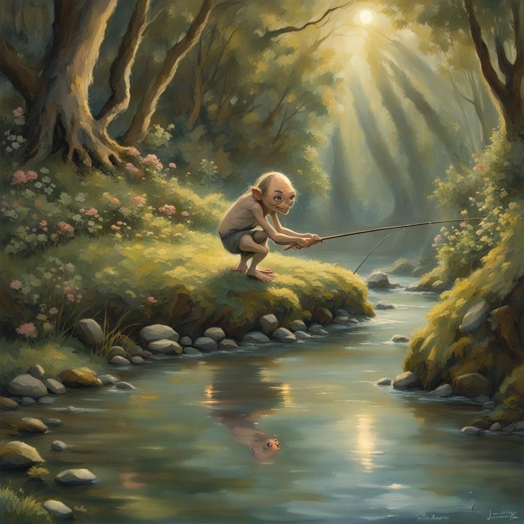 Gollum Fishing in Middle Earth, Studio Ghibli Style