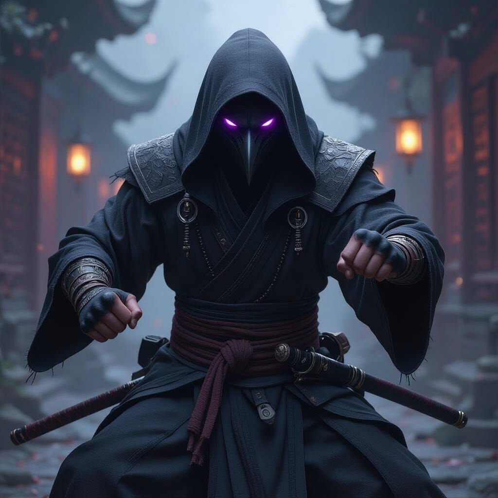 Kenku Monk Warrior in Shadow with Purple Eyes