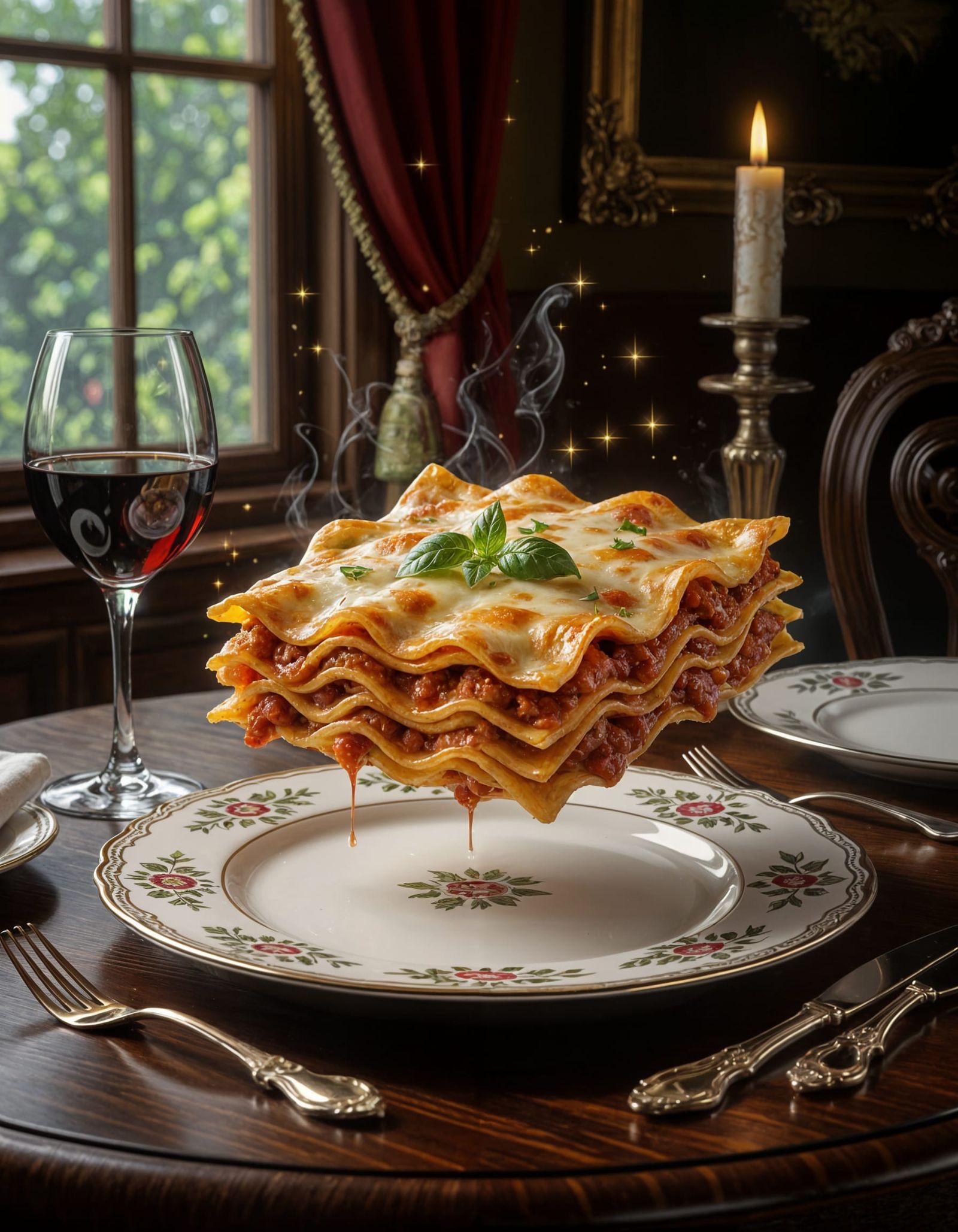 Enchanted Lasagna Levitates in Magical Fairytale Illustratio...