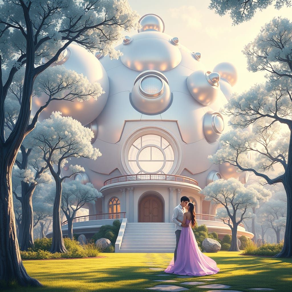 Whimsical Futuristic Mansion Amidst Crystal Trees