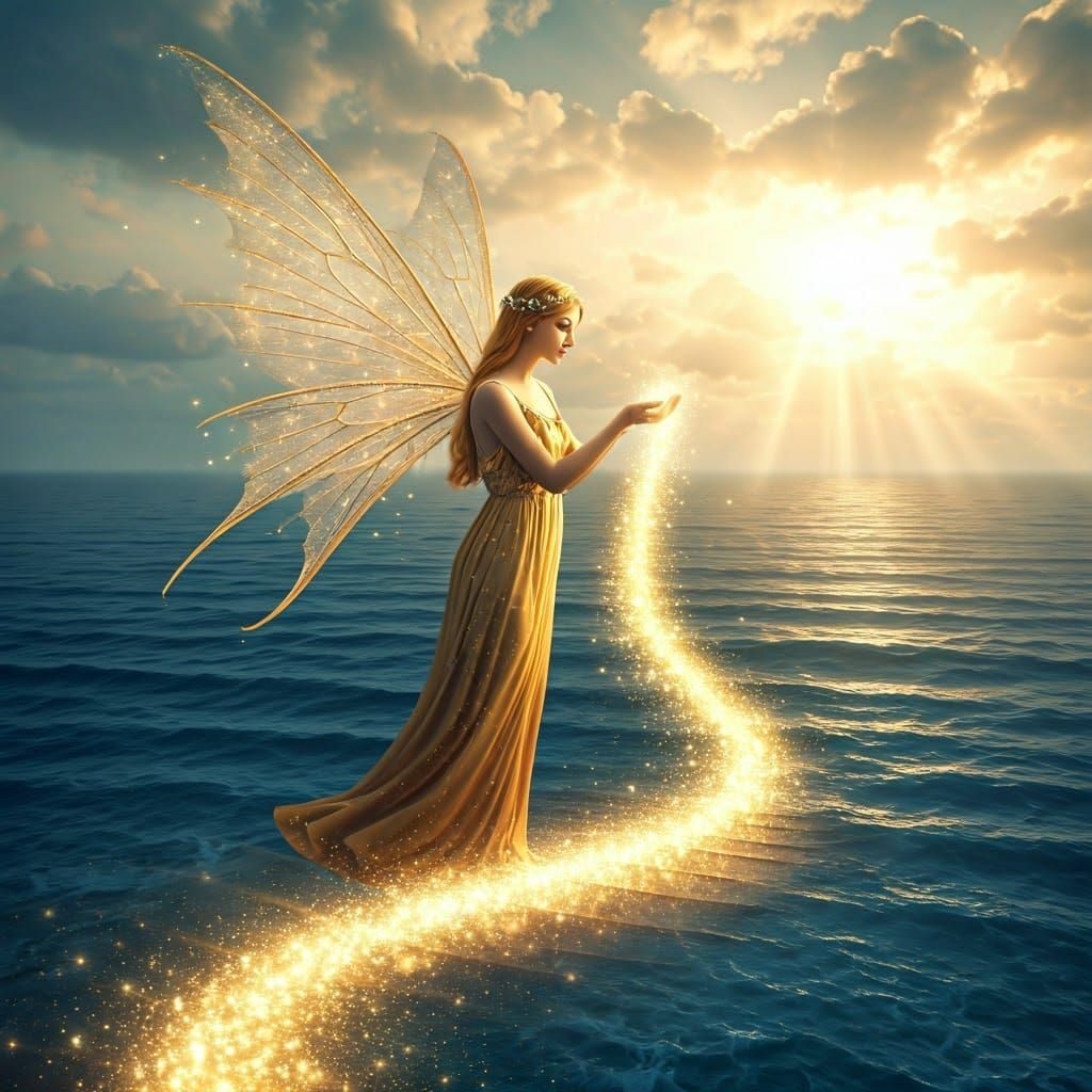 Golden Fairy Holding Light Stream, Luminist Painting
