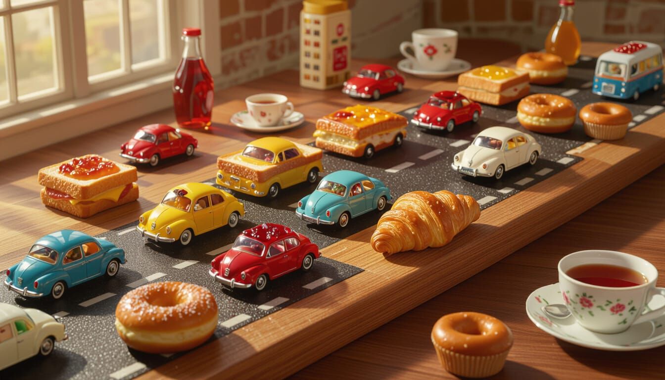 Breakfast Food Traffic Jam on Giant Table in Painterly Reali...