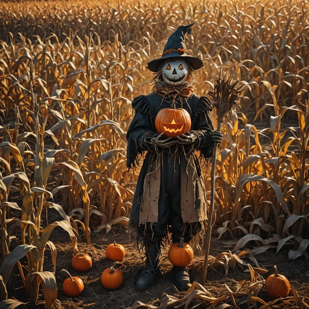 Pumpkin Scarecrow in Cornfield at Golden Hour