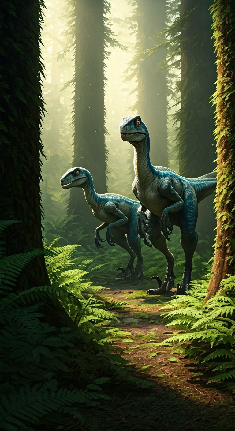 Female Velociraptors Hunting in Jurassic Forest