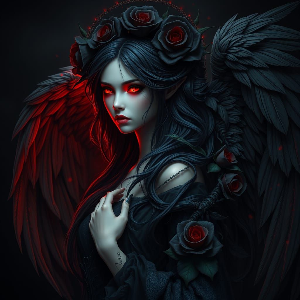 Gothic Angel with Red Eyes and Black Roses