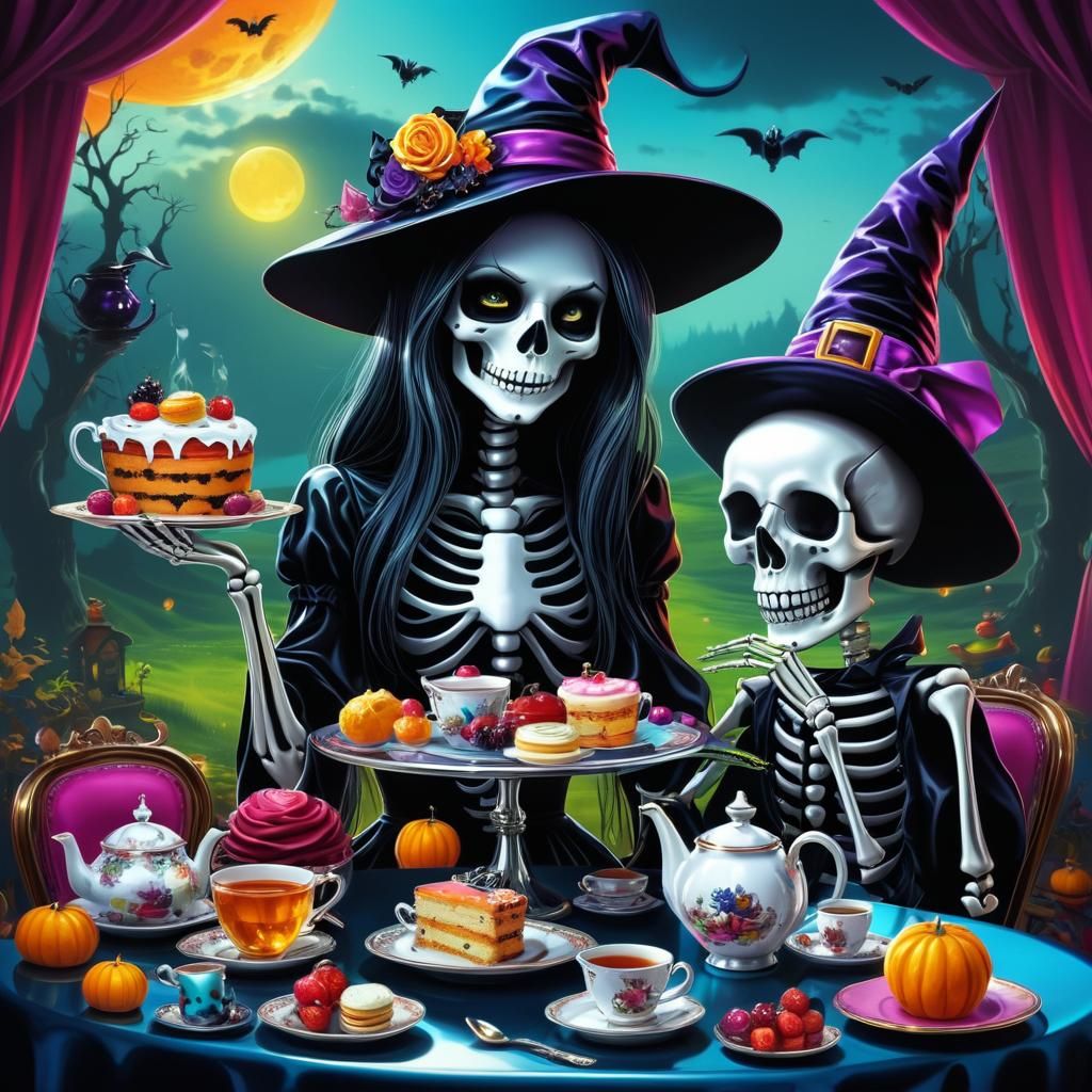 Surreal Tea Party with Witch and Skeleton