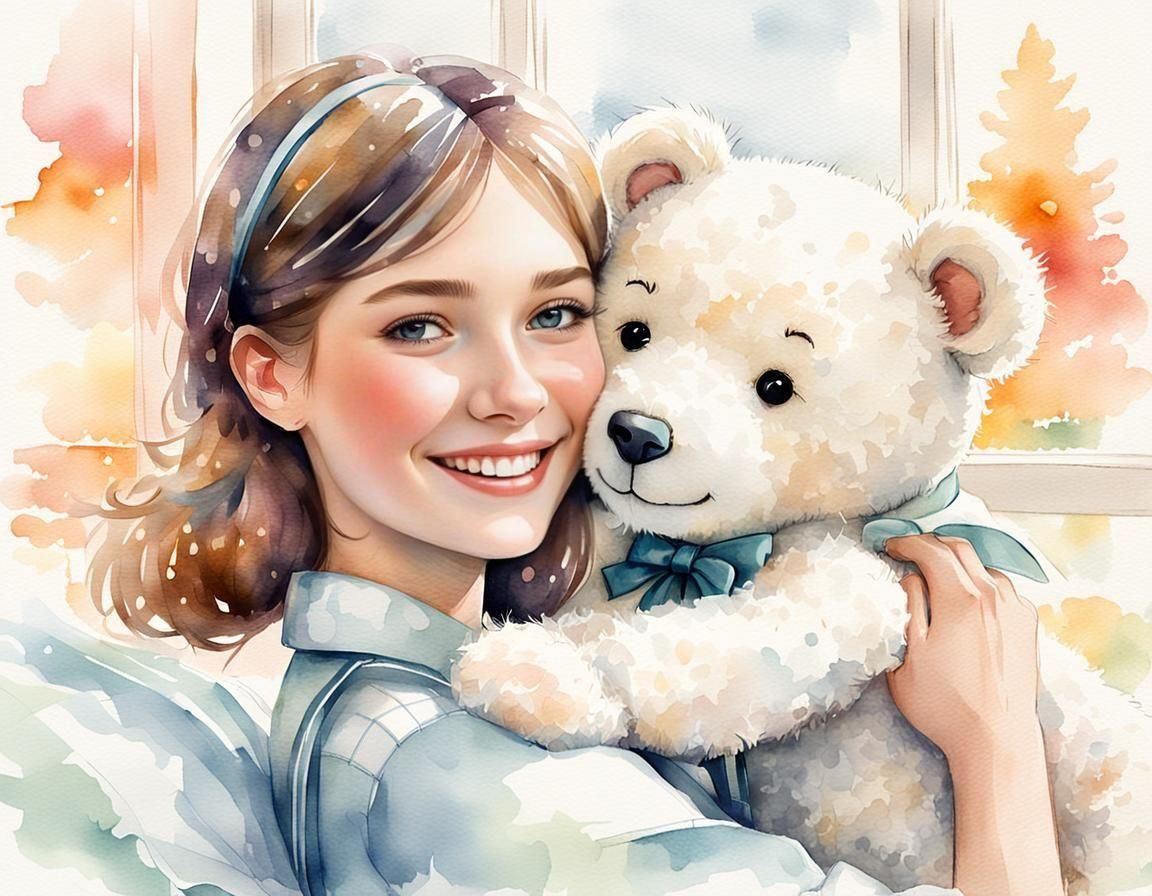 Girl with Teddy Bear in 1960s Bedroom