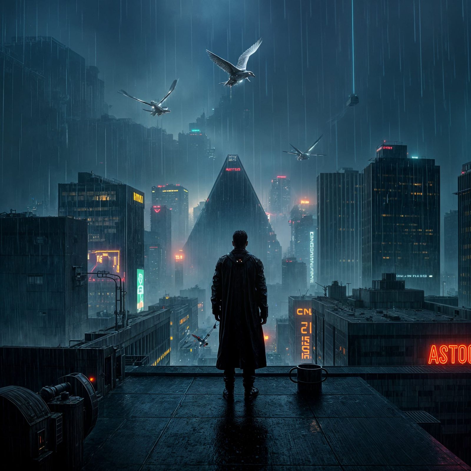 Cyberpunk Los Angeles Rooftop Scene at Night