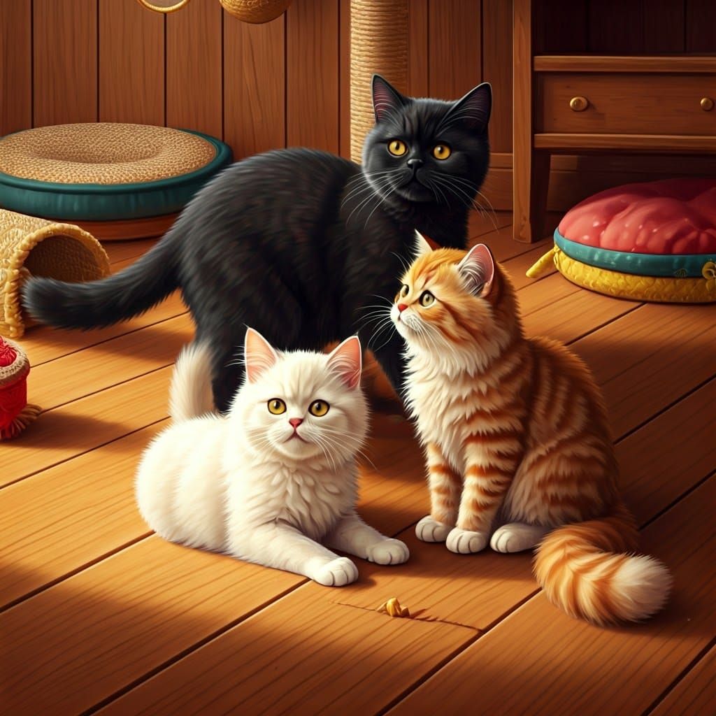Cats Playing in Sunlit Room in Whimsical Style