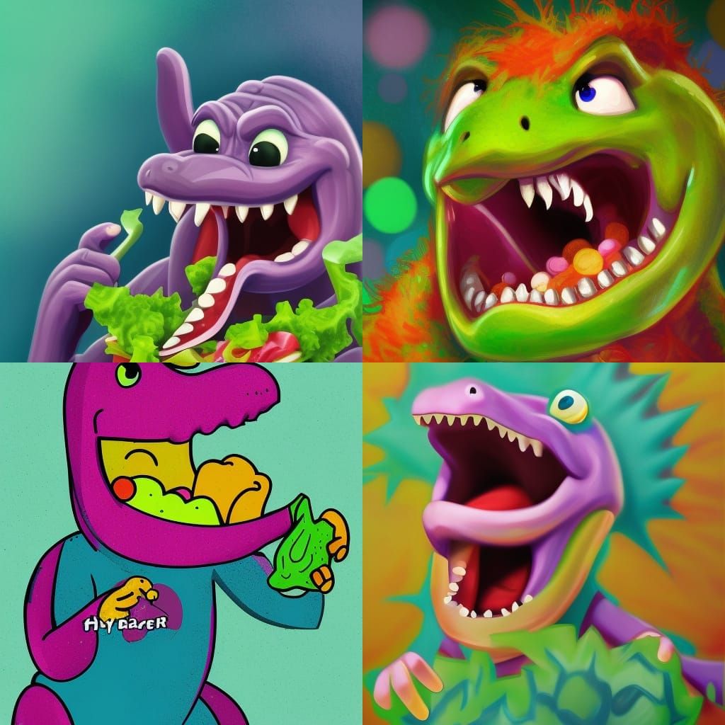 Hyperrealistic Barney the Dinosaur Eating Salad