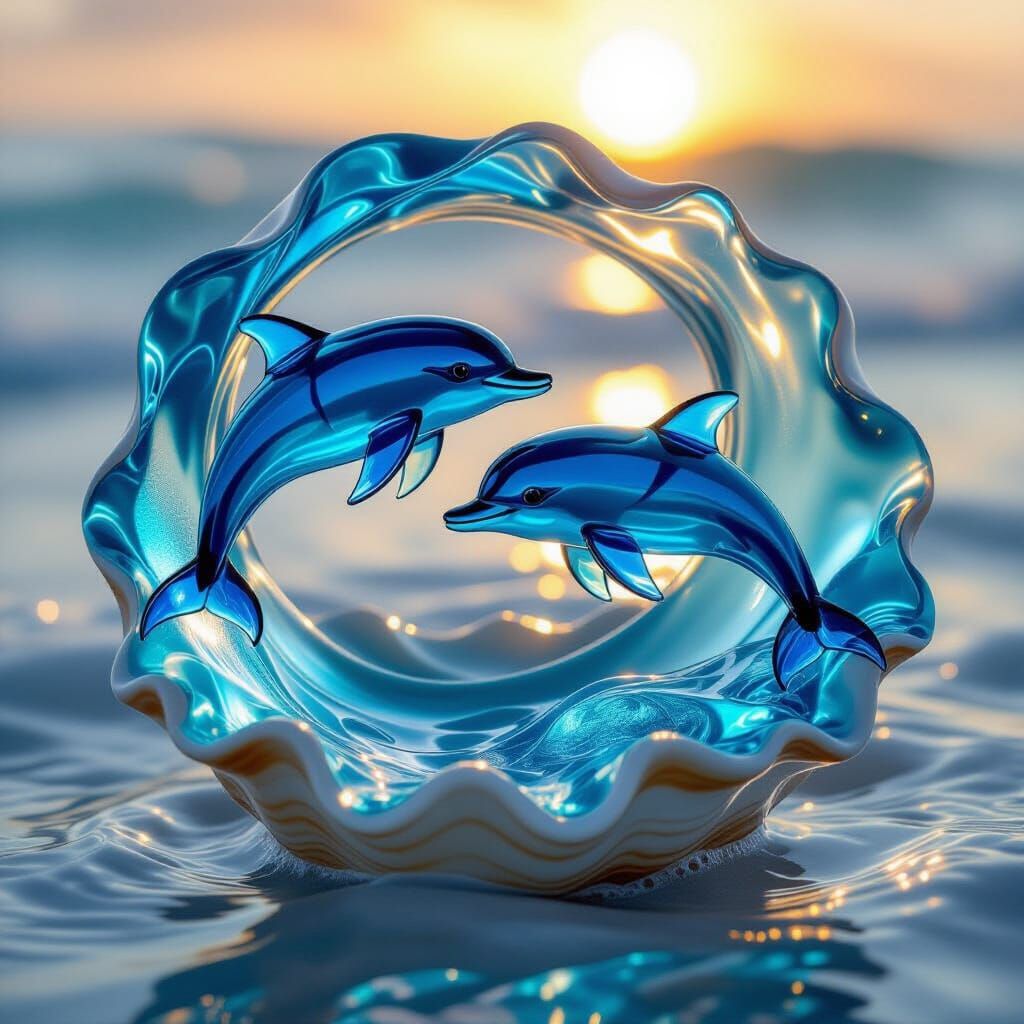 Sea Glass Dolphins in Ocean Wave Sculpture
