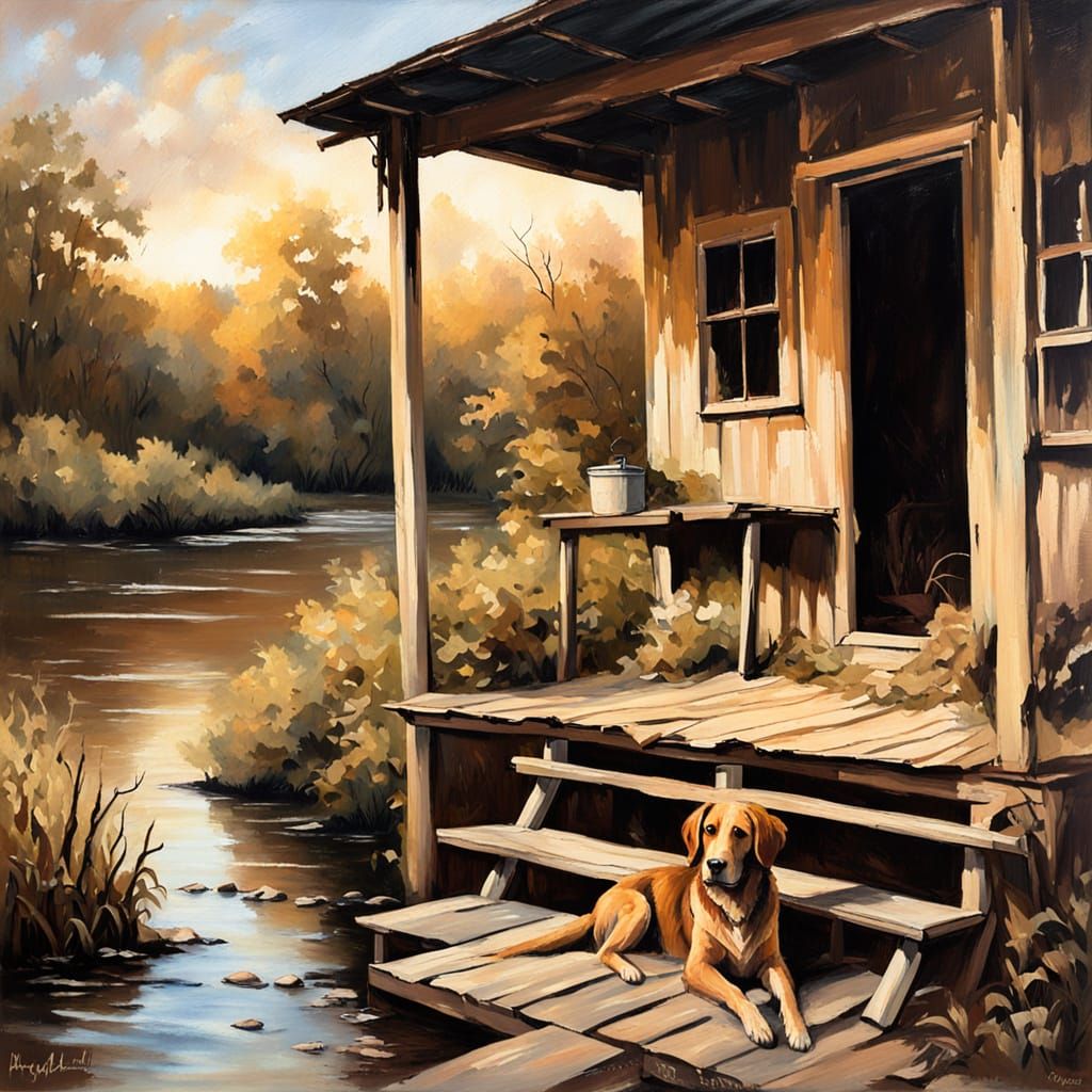 Dog Relaxing on Porch in Rustic Oil Painting