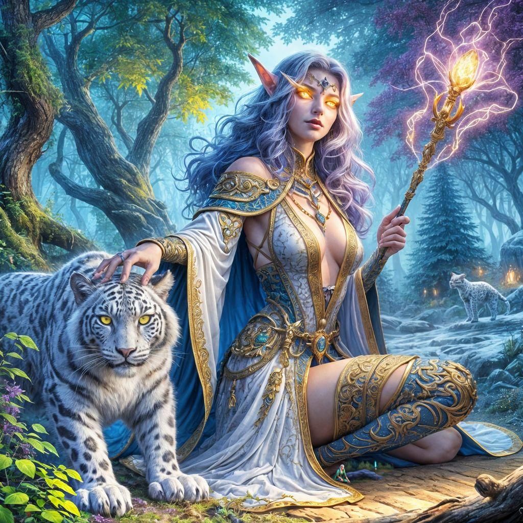 Night Elf Druid in Vivid Forest, Watercolor Art