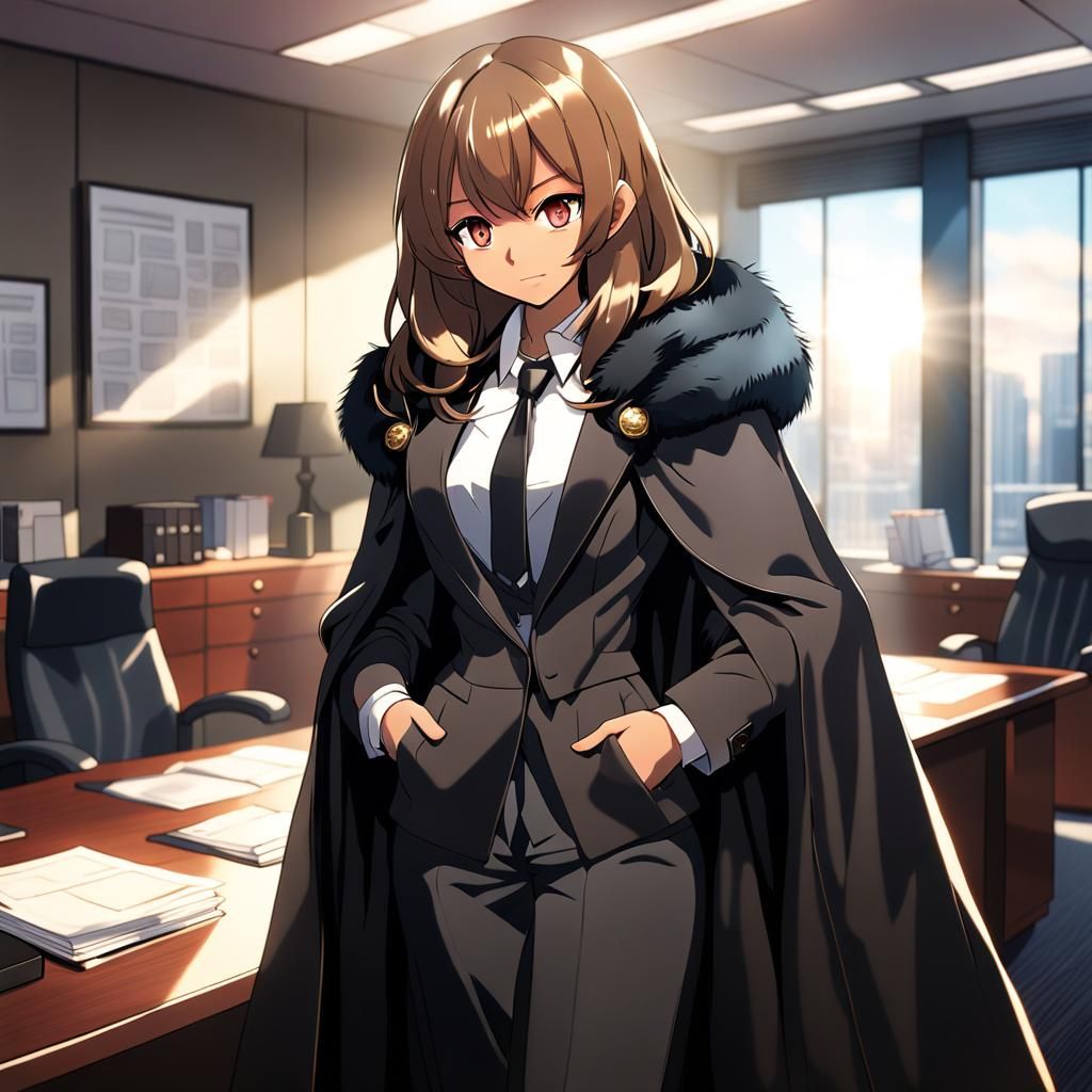 Anime Secretary in Fur Cloak, Cel-Shaded Style