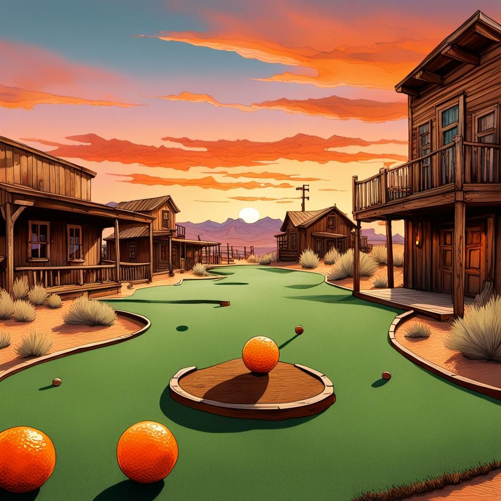 Western Ghost Town Miniature Golf in Watercolor Style