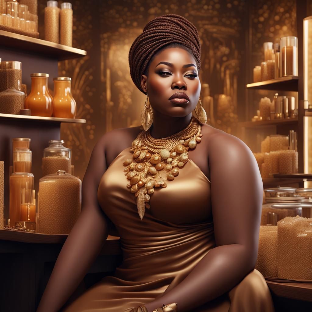 African-American Woman in Chocolate Gown, Hyperrealistic Spl...