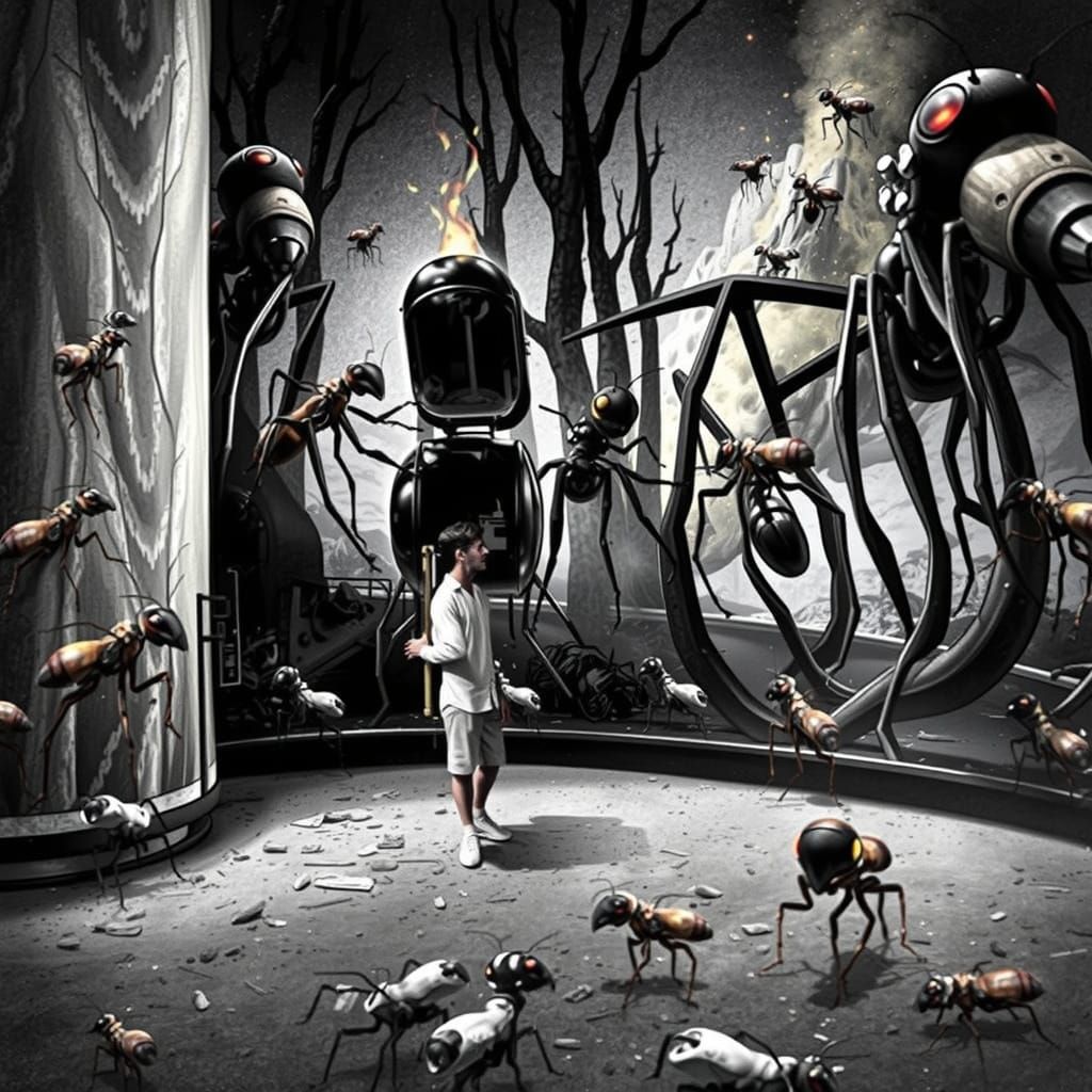 Giant Ants Surround Burning Coffee Pod in Hazy Landscape