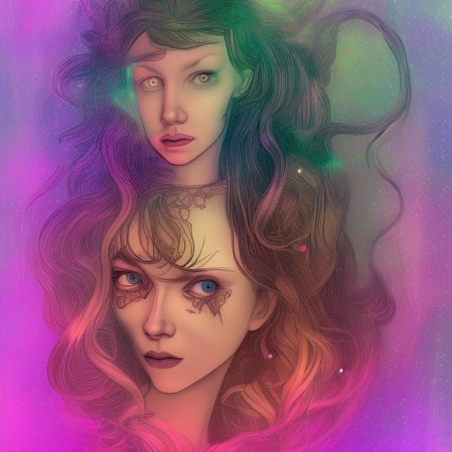 Haunted Woman: Holographic Astral Illustration in Style of A...