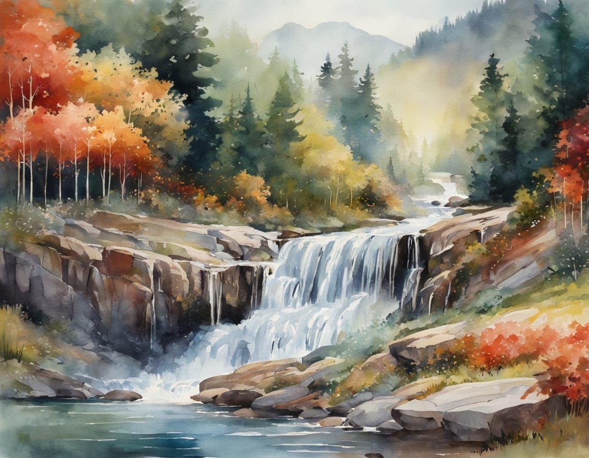 Idyllic Watercolor Waterfall Scene in Cottagecore Tranquilit...