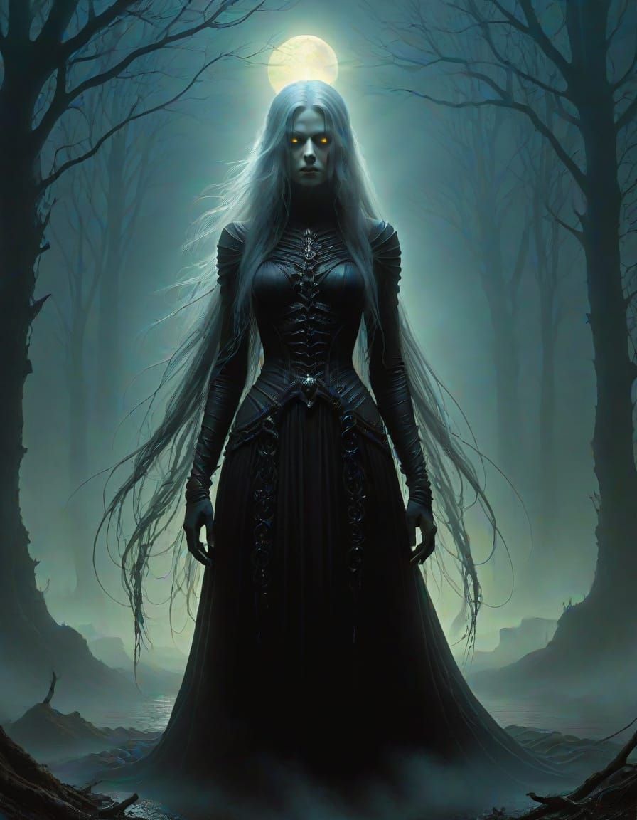 Ethereal Witch Emerges from the Mist in Dark Fantasy Portrai...
