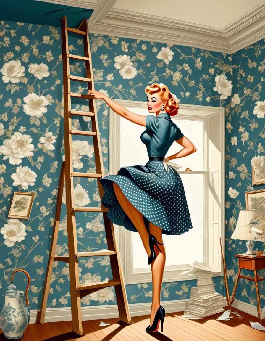 Pin-Up Girl's Wallpaper Mishap: Classic Illustration