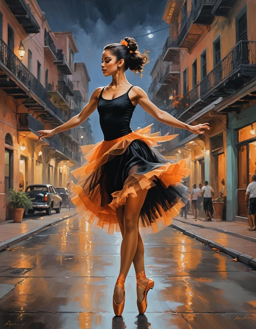 Latina Ballerina Dances in Cuban Street at Night