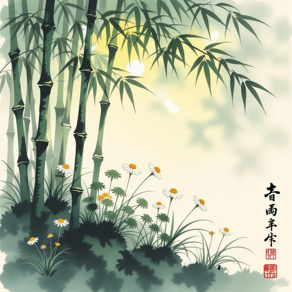 Zen Garden Yew and Yarrow in Sumi-e Style