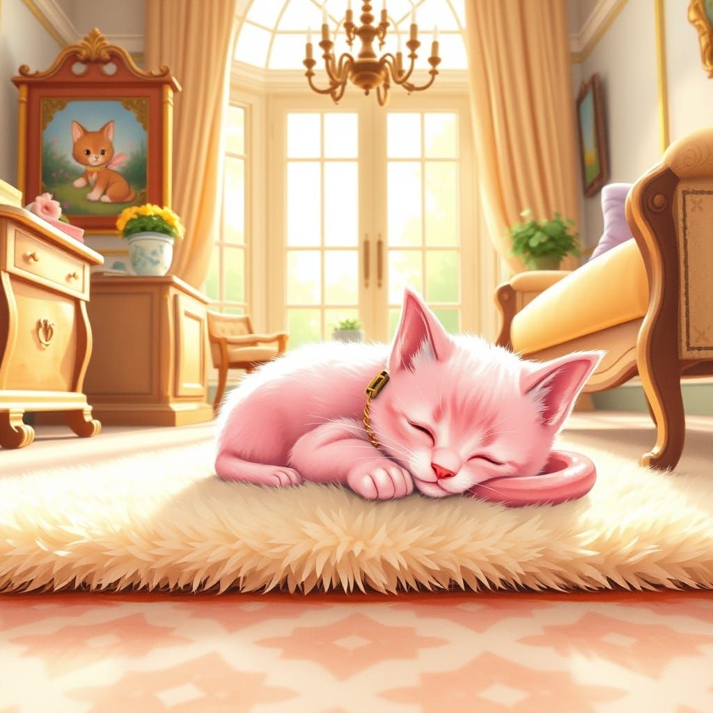 Adorable Pink Kitten Sleeping in a Beautifully Decorated Roo...