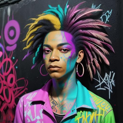 Vibrant Graffiti Art: Woman with Peacock Feather Hair