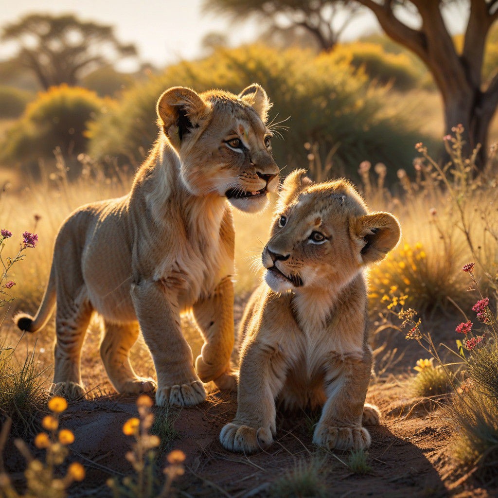 Hyperrealistic Baby Lion Cubs in Playful Savannah Scene
