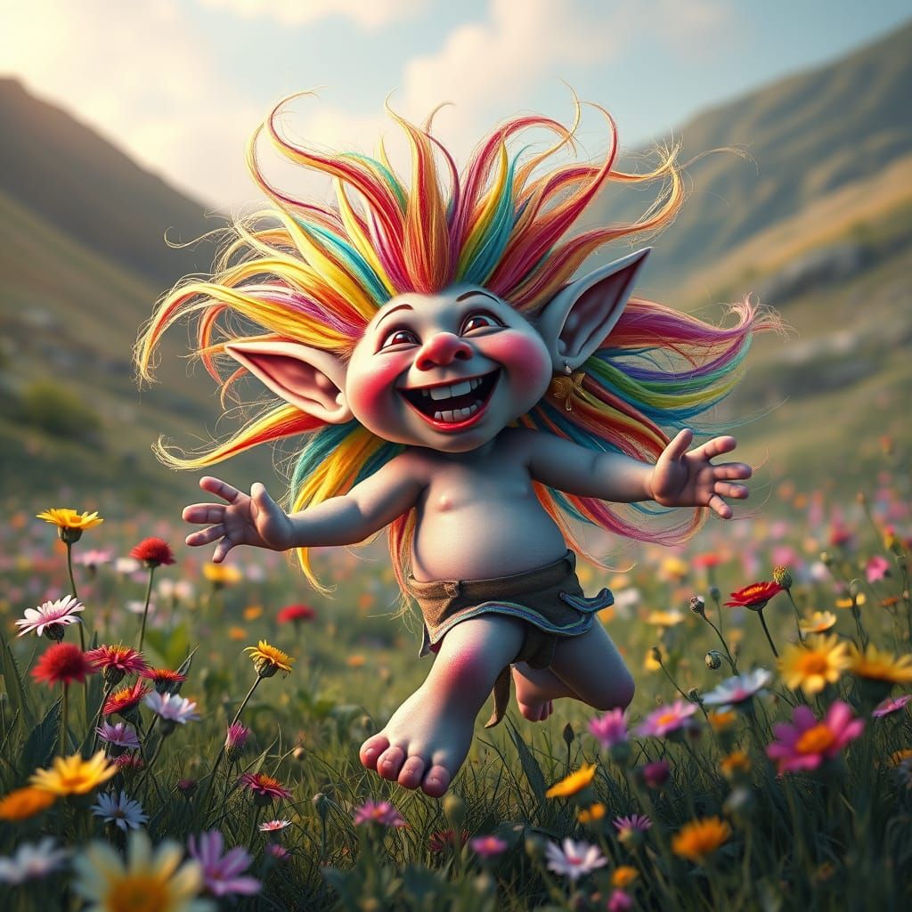 Rainbow Troll Dances in Wildflower Field: Bio-Art