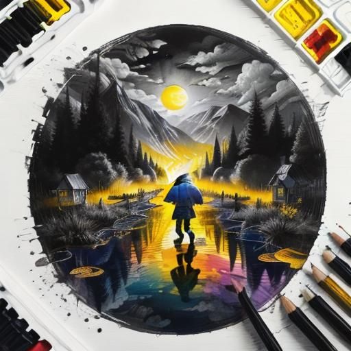 Child in Yellow Boots at Sunset Watercolor