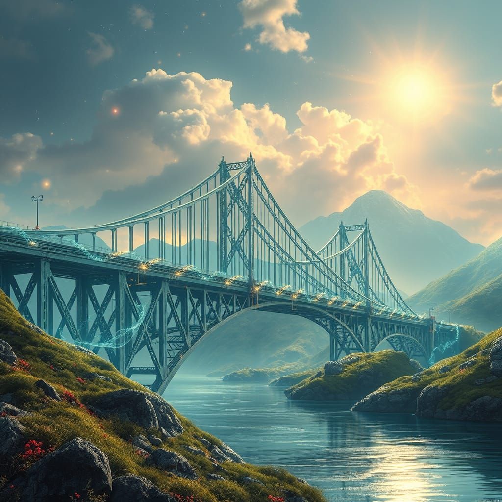 Surreal Landscape with Luminous Iron Bridge Over a River