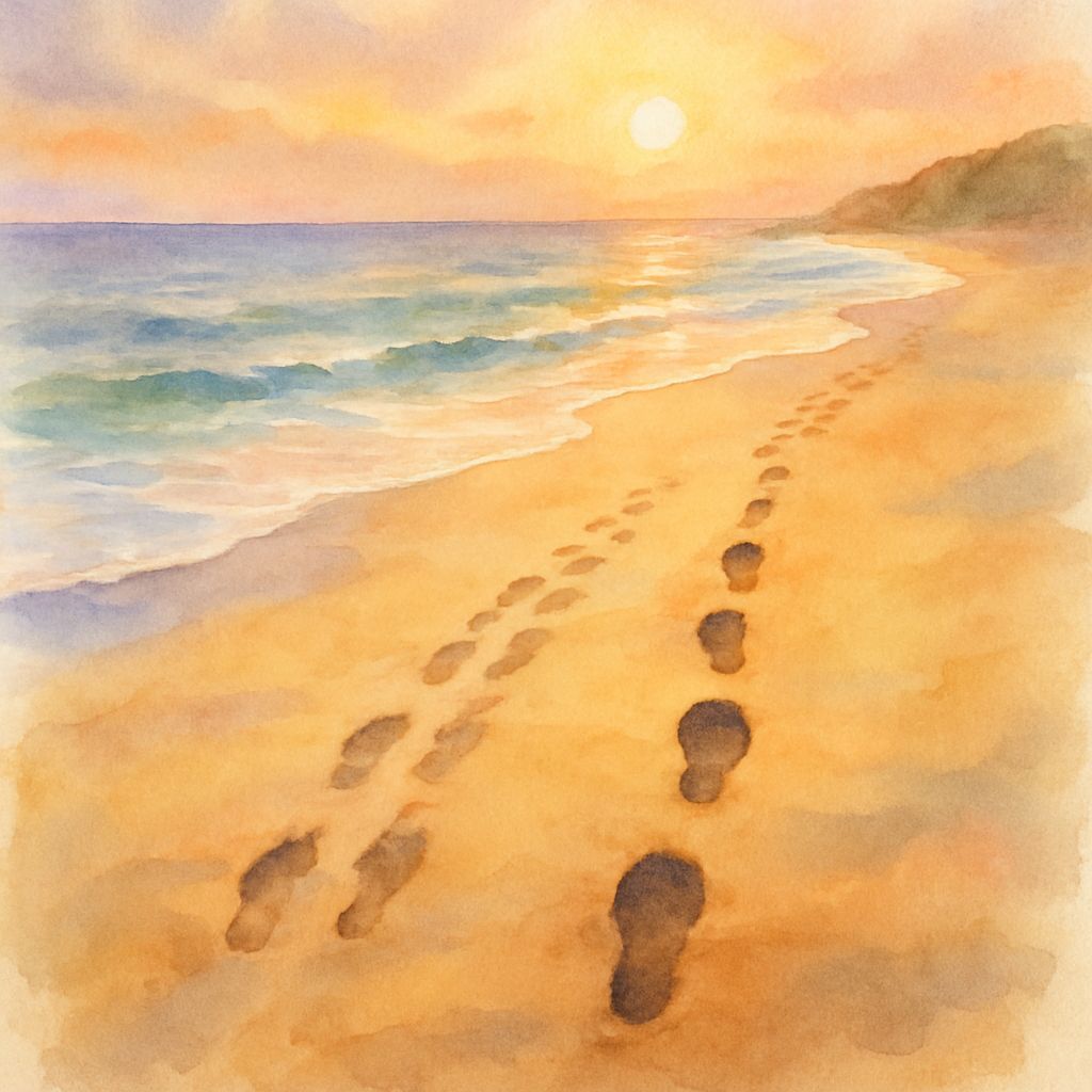 Watercolor Beach: Footprints of Serenity and Solitude
