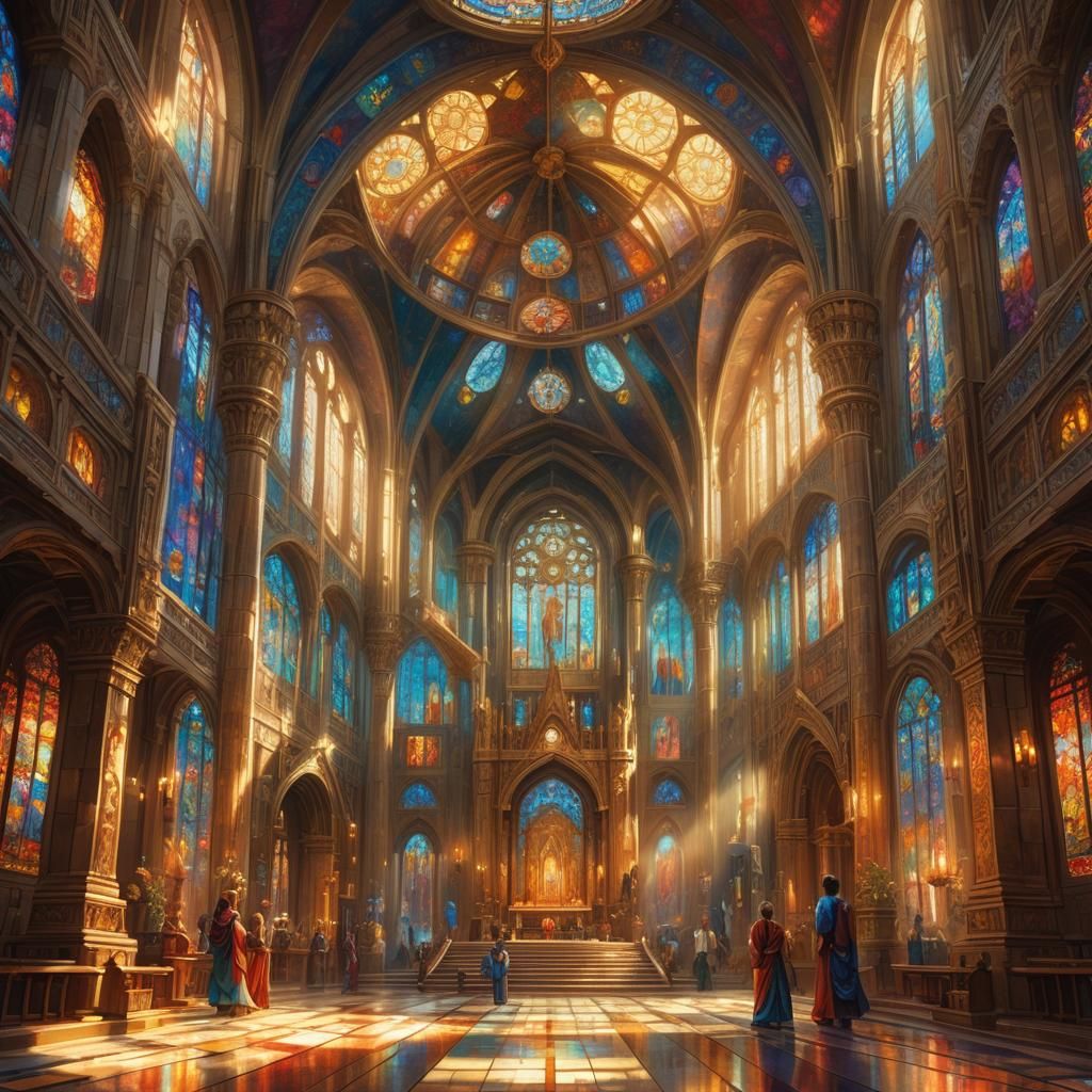Fantasy Temple Nave in Dreamy Oil Painting Style