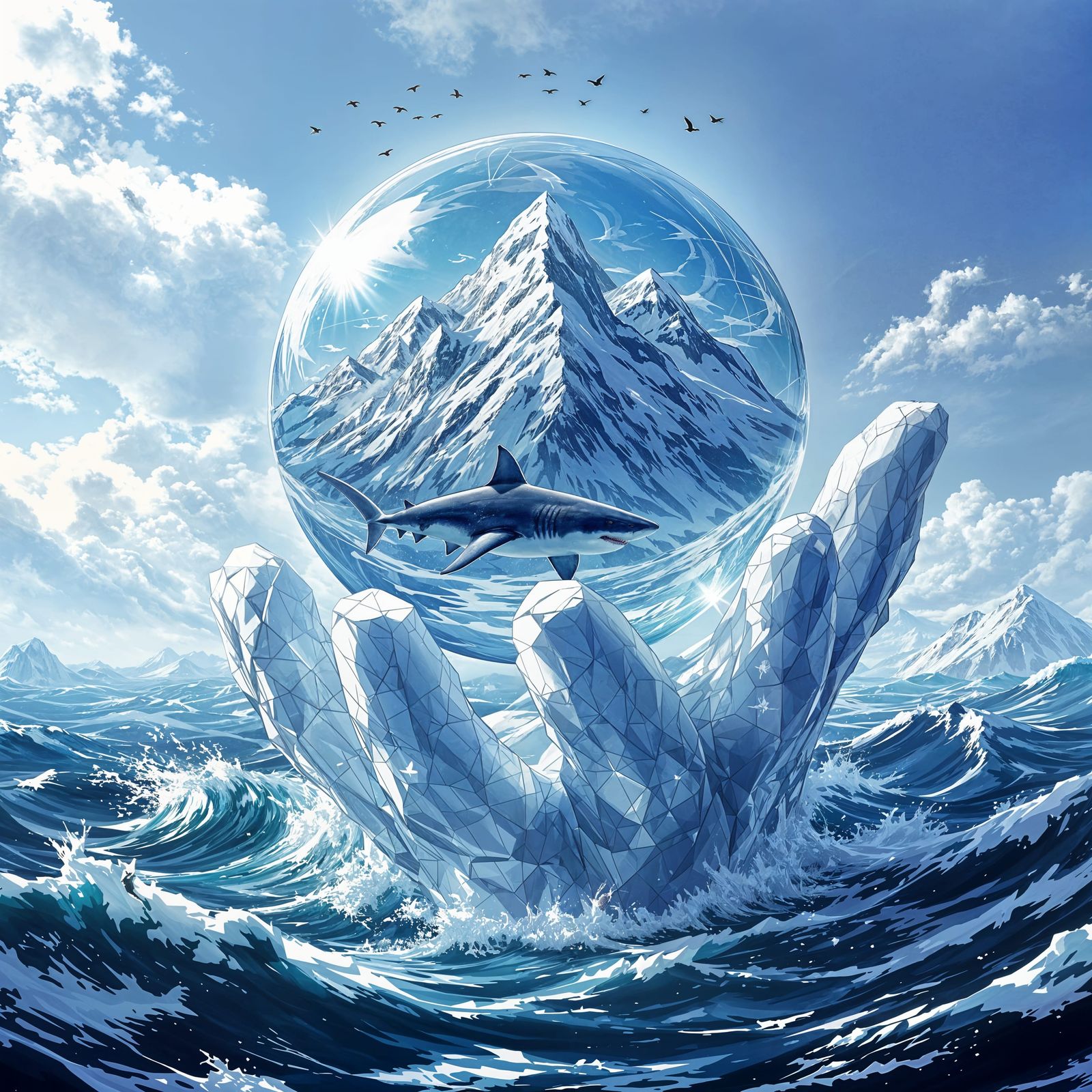 Ethereal Ice Sculpture Holds a Shark in a Hyperreal Fantasy ...