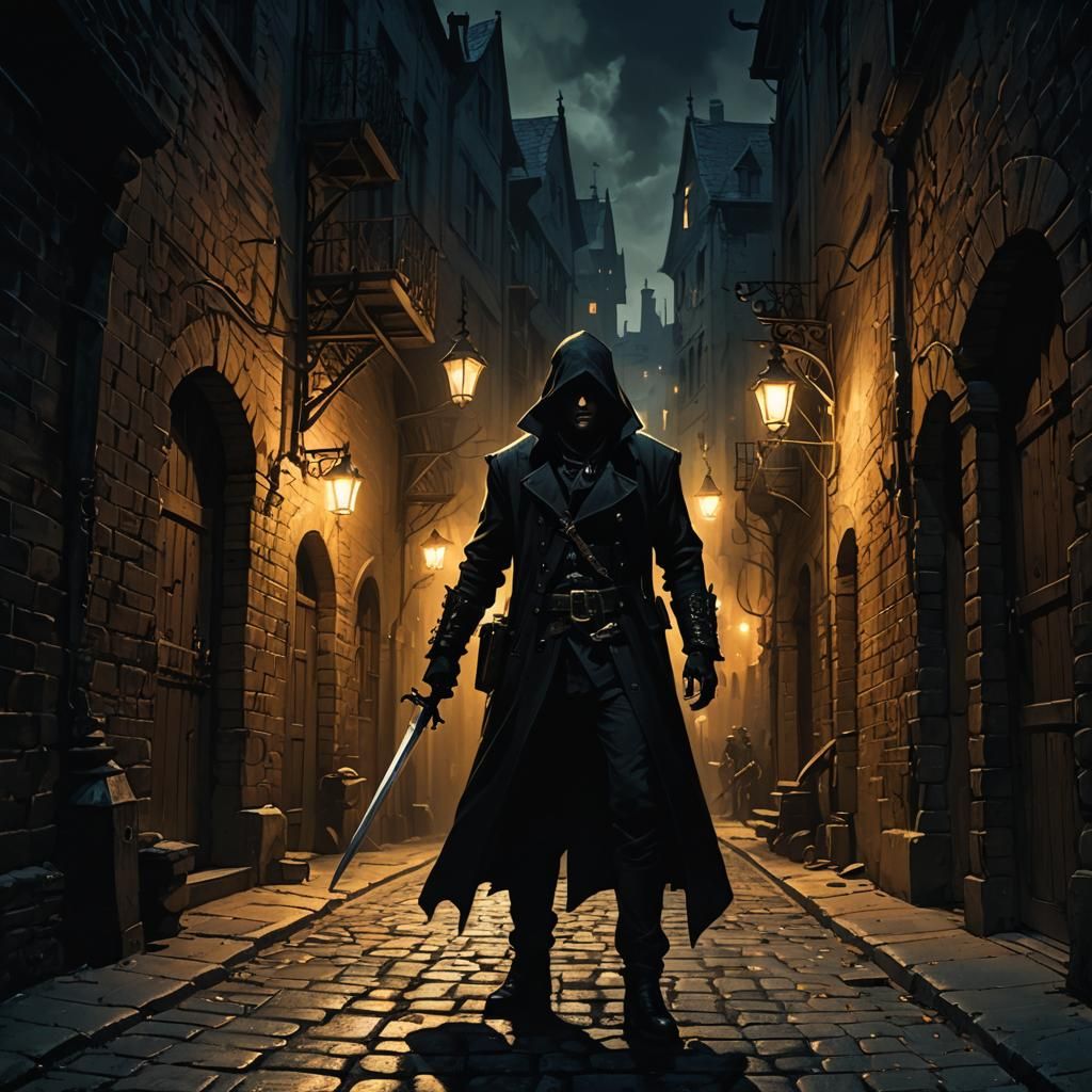 Shadowy Assassin in Gothic Alley: Film Noir Style