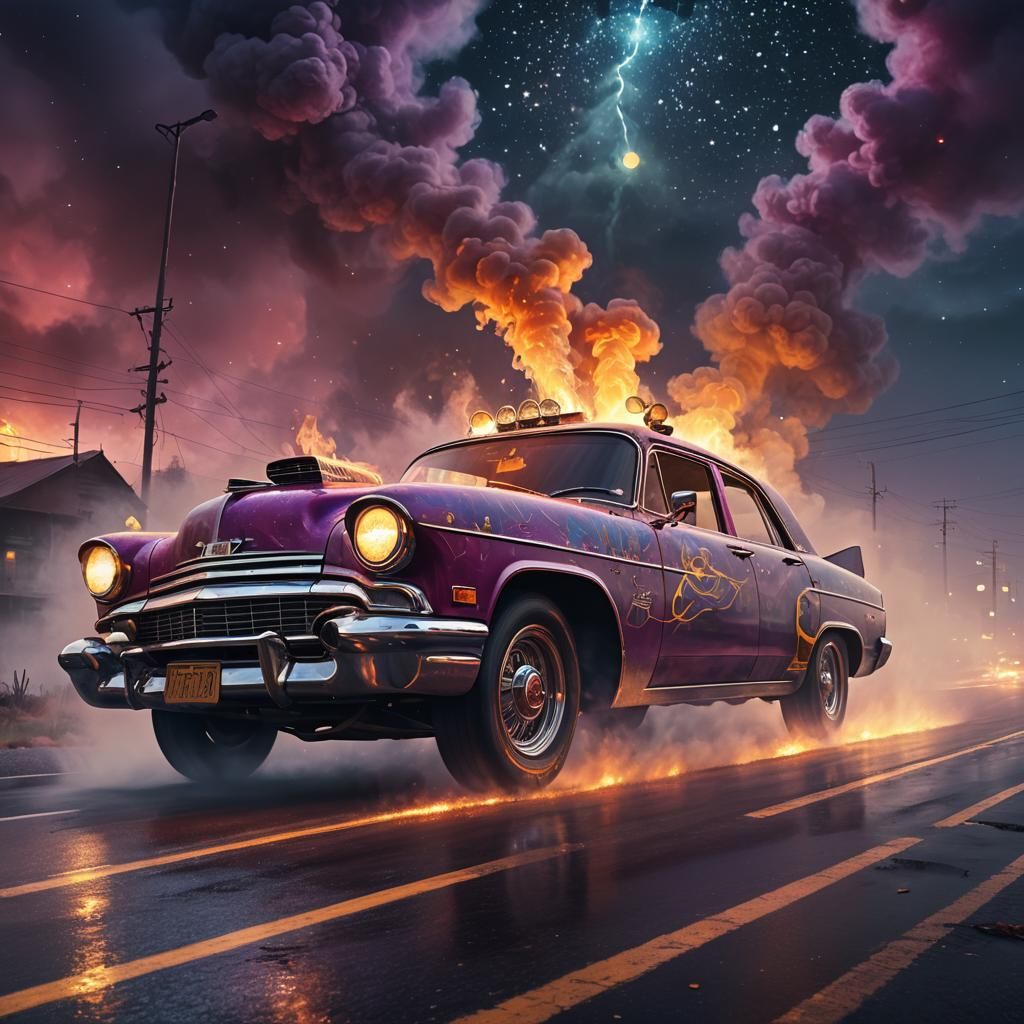 Smoking Holden Races on Starry Night Road