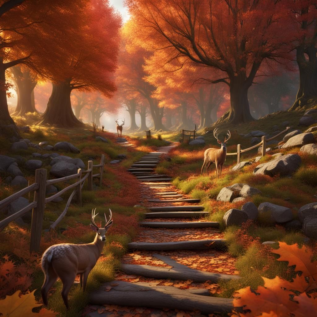 Autumn Forest Scene with Deer in Detailed Matte Painting