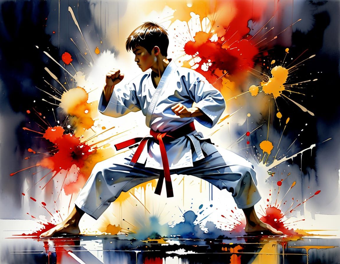 Surreal Karate Kid in Watercolor Style