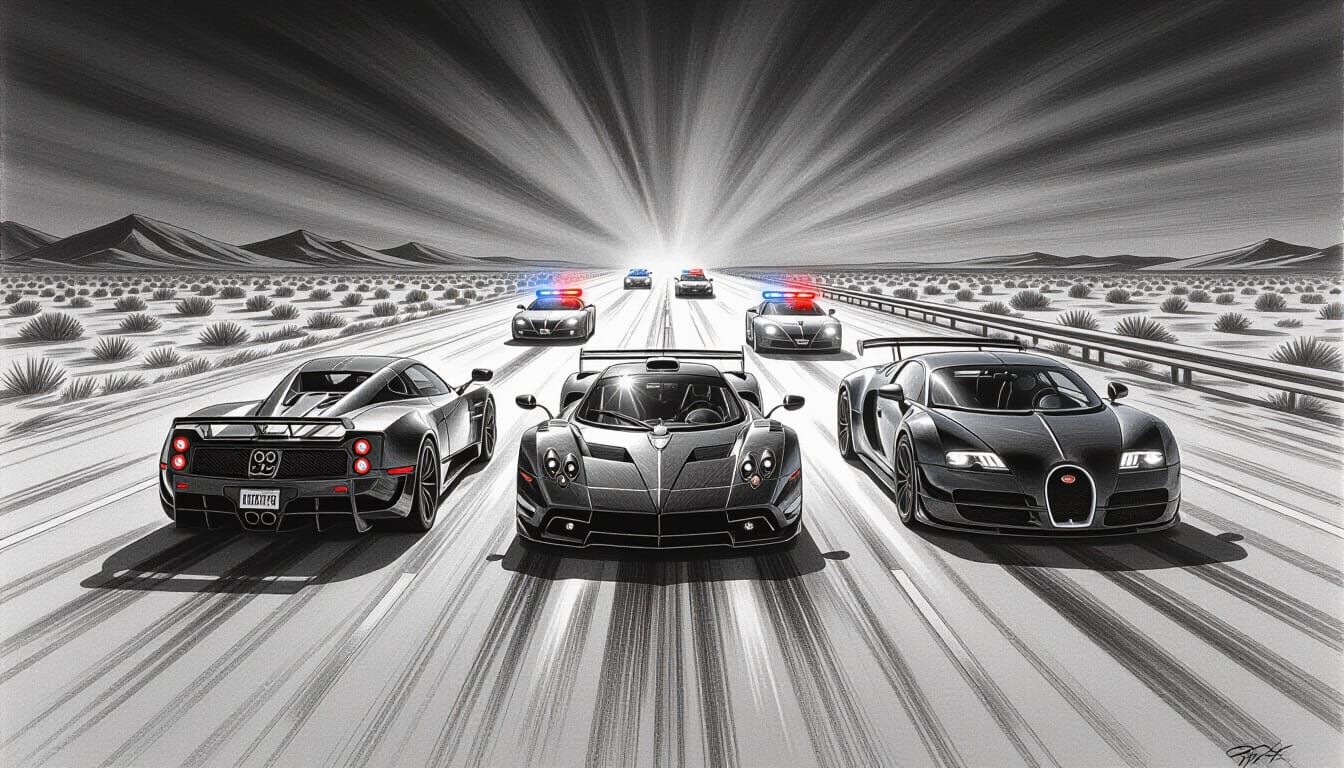 Hyperdetailed Charcoal Drawing of Supercars in a High-Speed ...