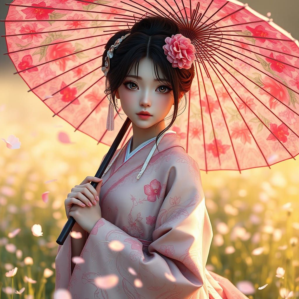 Anime Woman Under Umbrella in Whimsical Meadow