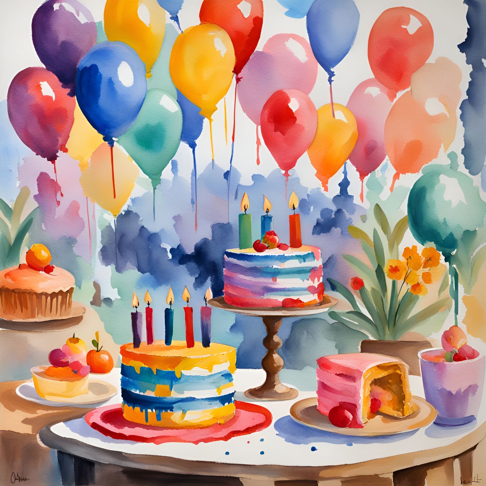 Second Birthday in Gouache and Watercolor Style