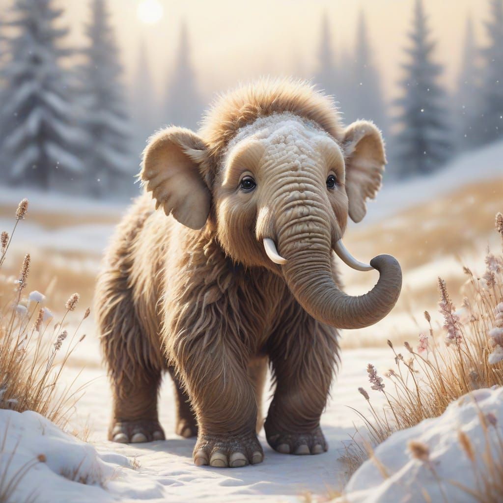 Whimsical Woolly Mammoth Cub in Watercolor Style