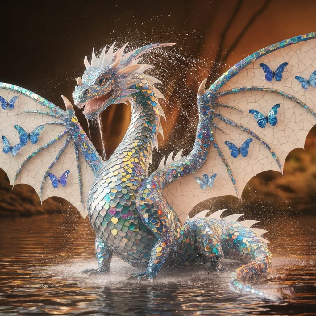 Holographic Glass Dragon Art in Mosaic Style