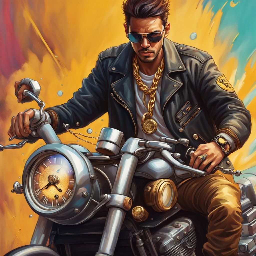 Hyperrealistic Motorcycle Rider with Gold Accessories