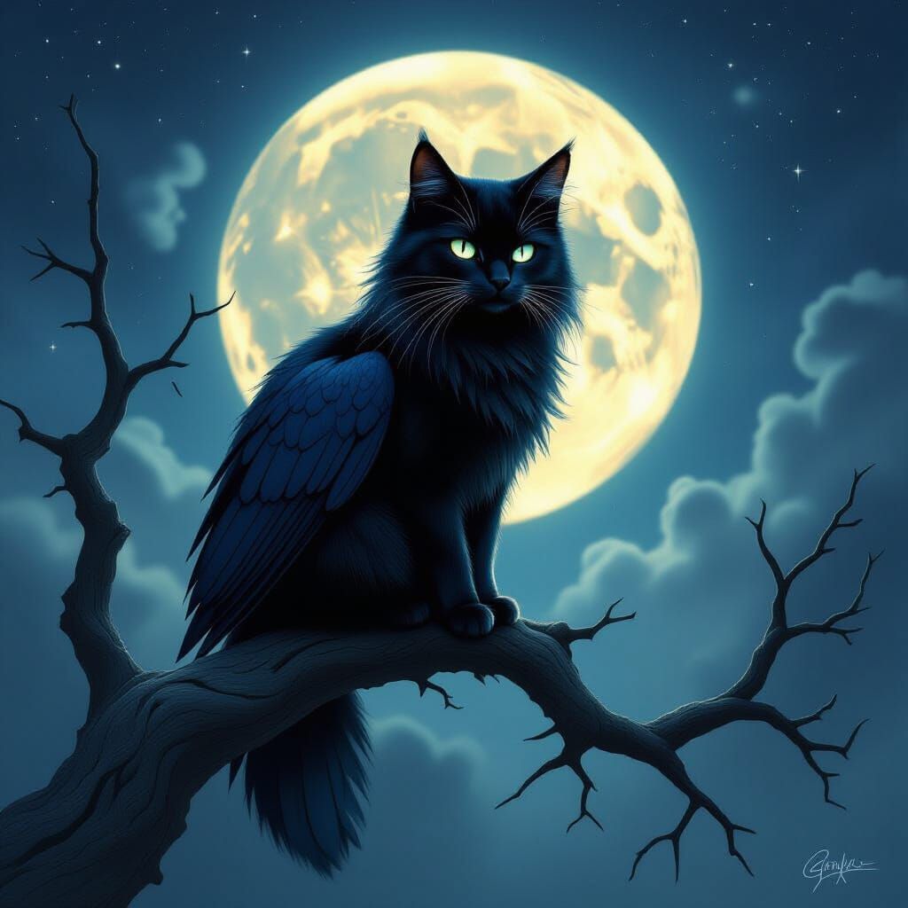 Mystical Cat-Crow Hybrid Creature in Dark Fantasy Art