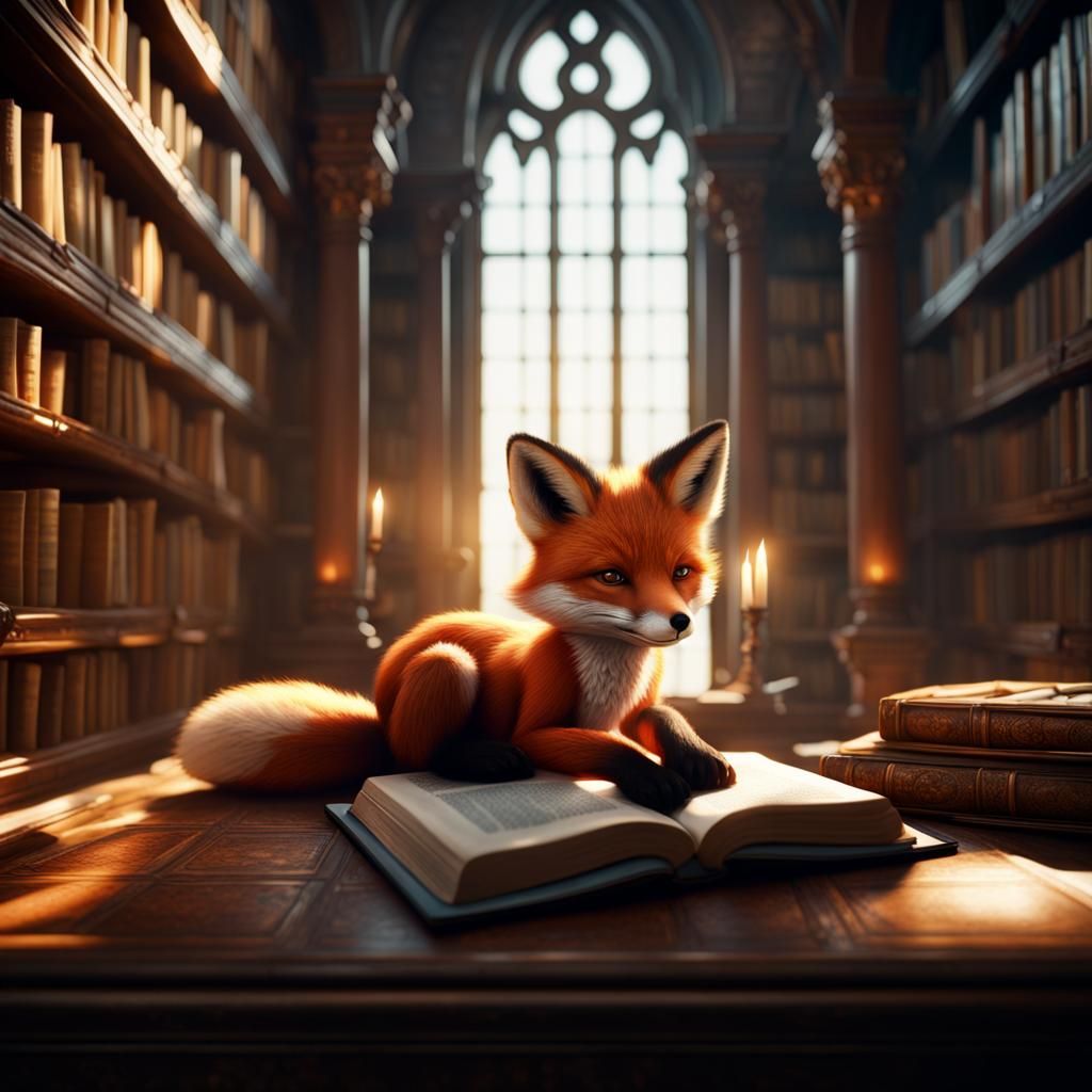 Baby Fox in Library: Detailed Matte Painting