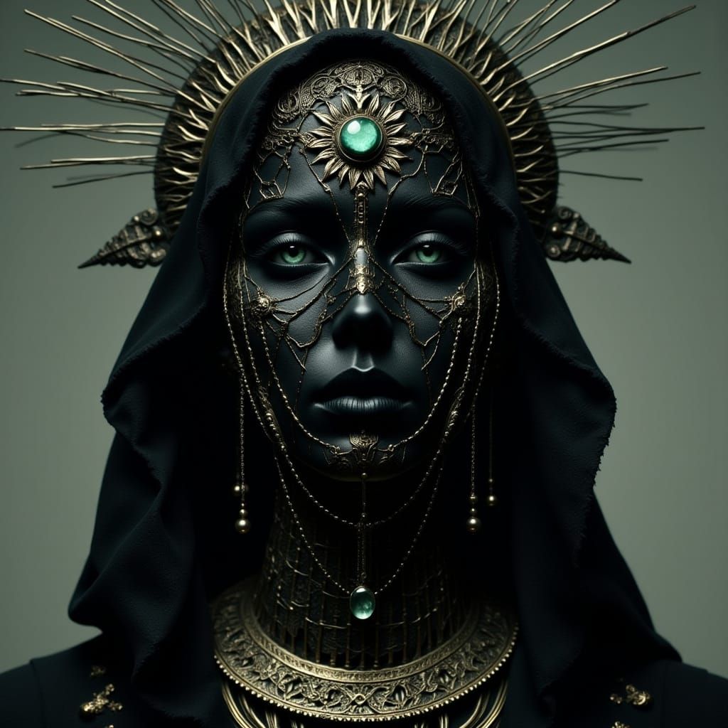 Cyberpunk Goddess Wears Eerie Mask of Dark Iron and Greensto...